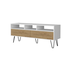 English Elm White TV Stand with Natural Oak Accents — 5 Open Shelves for Media Storage, Modern Rustic Design B062P290286