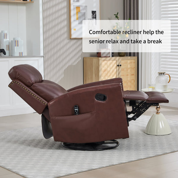 English Elm Wine Red Genuine Leather Swivel Rocker Recliner with Massage Heat for Living Room W1803P323712
