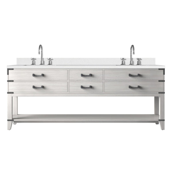 English Elm White Oak Double Bath Vanity 84" W With Quartz Top, Chrome Faucet Set, Soft-Close Drawers & Storage B2731P260404-GIGA