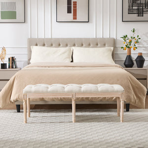 English Elm Bedroom Bench Linen Tufted Seat with Hand Carved Rubberwood Legs French Country Style W3244P500175