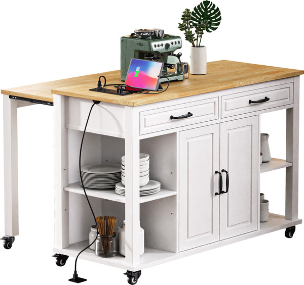English Elm K&K 47 Inch Kitchen Island with Extendable Dining Table, Rolling Storage Cabinet, Built-In Power White N707P215327W