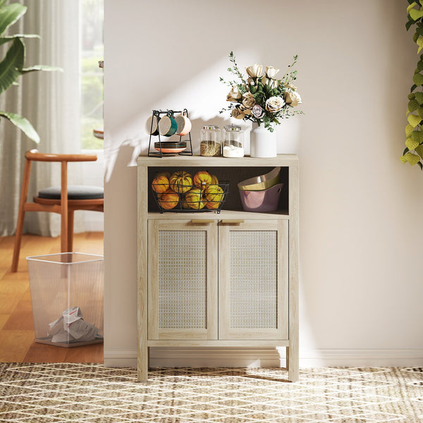 English Elm Homcom Rattan Door Buffet Cabinet Open Shelf Gold Hardware Accent Storage W2225P485645