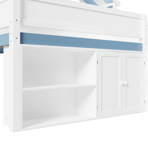 English Elm Full Size Pine Loft Bed with House Canopy Roof Built in Shelves and Storage Cabinet N7090005012C