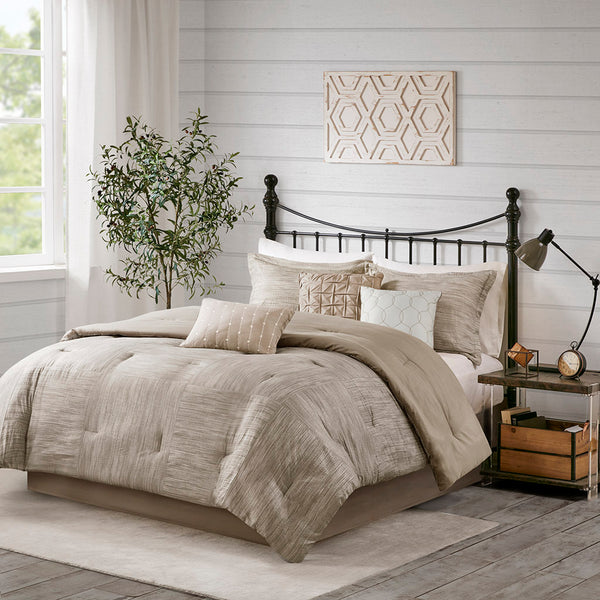 JLA Home Madison Park - 7 Seersucker Comforter Set - Madison Park Walter 7-Piece Taupe Bedding Ensemble with Pillows & Bedskirt, Hypoallergenic MP10-7087