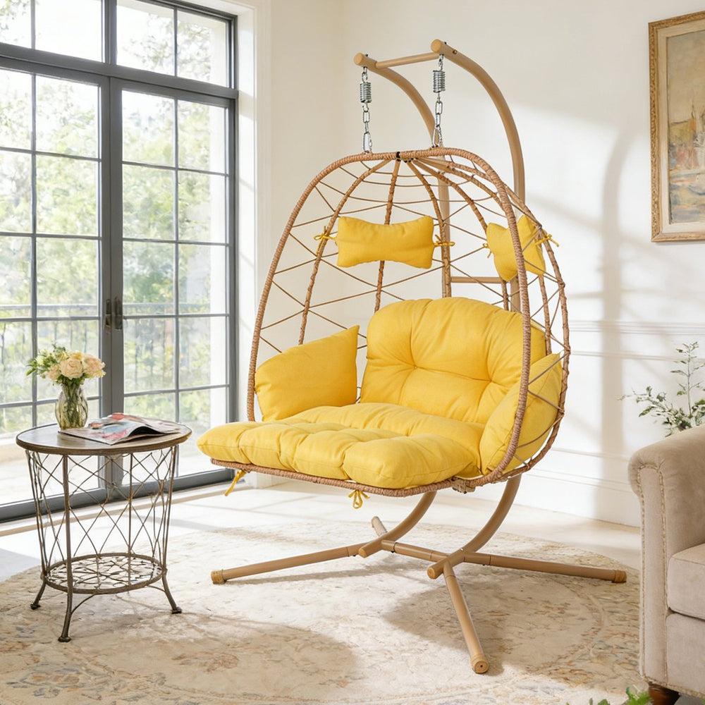 English Elm 2 Person Wicker Hanging Egg Chair with Stand Padded Swing for Patio or Garden T5880P500213