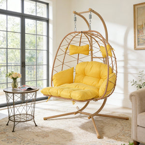 English Elm 2 Person Wicker Hanging Egg Chair with Stand Padded Swing for Patio or Garden T5880P500213