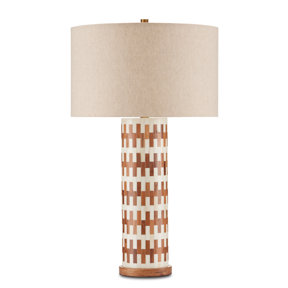 Tia Table Lamp - Elegant White Bone & Wood Design with Natural Linen Shade, Antique Brass Finish