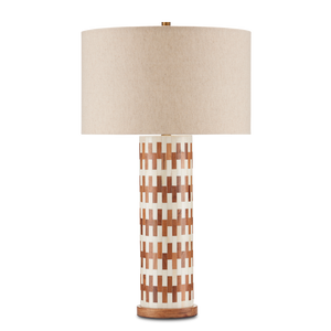 Tia Table Lamp - Elegant White Bone & Wood Design with Natural Linen Shade, Antique Brass Finish