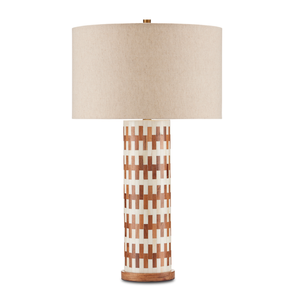 Tia Table Lamp - Elegant White Bone & Wood Design with Natural Linen Shade, Antique Brass Finish