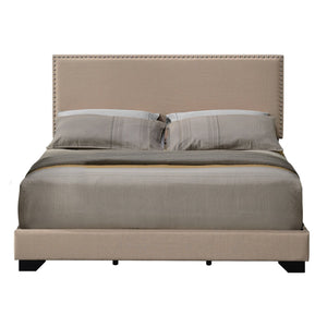 English Elm Beige Plush Upholstered Panel Bed with Nailhead Trim, Cozy Queen Headboard, Durable Wood Legs (96) B062P181283