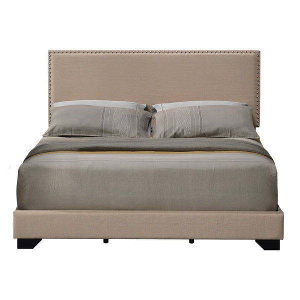 English Elm Beige Plush Upholstered Panel Bed with Nailhead Trim, Cozy Queen Headboard, Durable Wood Legs (96) B062P181283