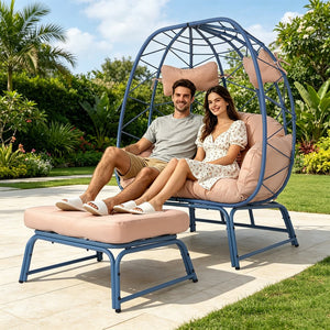 English Elm Double Wicker Egg Chair with Ottoman Bohemian Two Person Outdoor Lounge Seat T5880P501479
