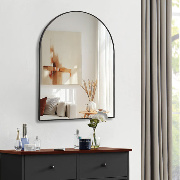 English Elm 30x40 Arched Bathroom Mirror with Anti-Rust Metal Frame, Shatterproof 4mm HD Glass & Easy Mounting Black W2203P310332
