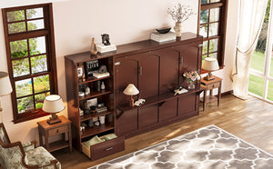 English Elm Queen Murphy Bed with Built-In Shelves, Height-Adjustable Storage & Drawer for Small Spaces Walnut 71.6 L x 21.5 W x 6.1 H N733S309223D