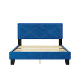 English Elm Simple Queen Size Upholstered Bed Frame With Rivet Design, Modern Velvet Platform Bed With Headboard, Blue