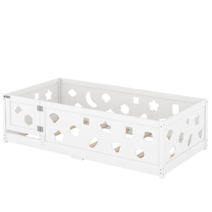 English Elm Twin Floor Bed With Safety Guardrails & Doorway - Cozy Solid Wood Frame For Kids' Rooms & Playrooms W1820P240542-GIGA