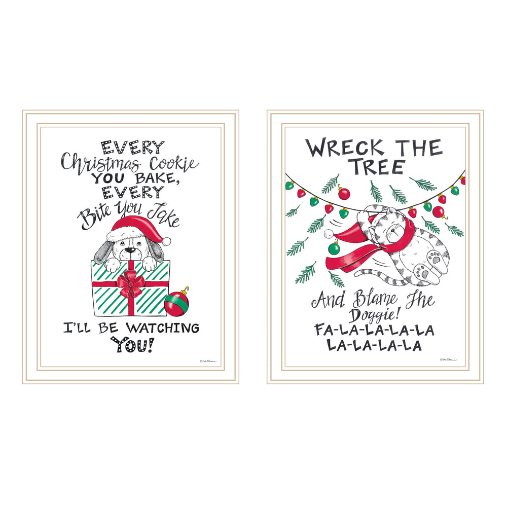 English Elm Trendy Holiday Cat Dog Two Piece Framed Print Set Handcrafted Usa White Wood B067P255234