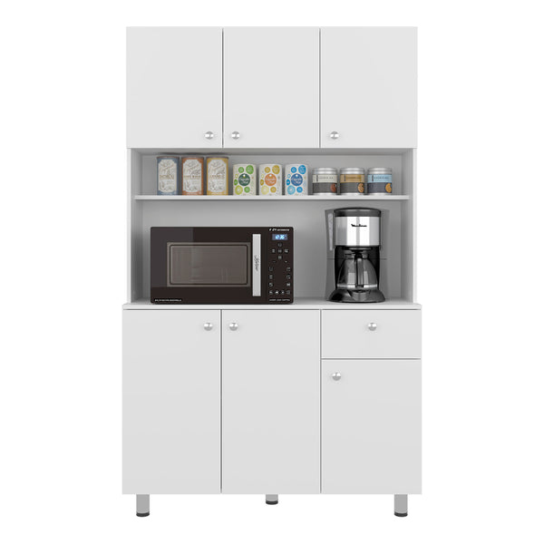English Elm White Tall Kitchen Pantry Cabinet with Microwave Shelf Open and Enclosed Storage B062S01857