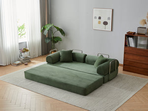 English Elm 78.8" Corduroy Modular Floor Sofa Convertible Sleeper Futon with Pillow Back Support Army Green W5617P455966