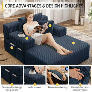 English Elm Luxurious Corduroy Convertible Chaise Lounge Sofa Bed with Storage and Coil Spring Foam Blue W3219P483087