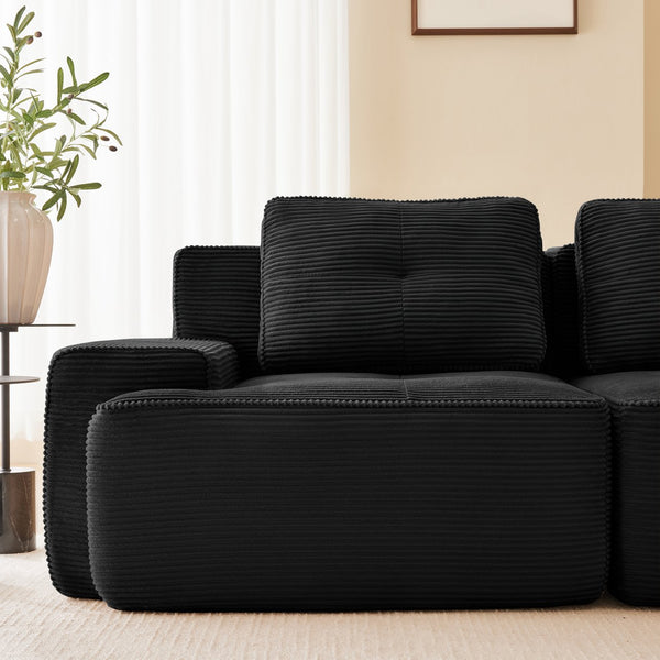 English Elm Modern Corduroy Sectional Sofa Deep Seat V Shape Tufted Couch with Movable Ottoman Black W714S01585
