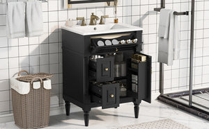 English Elm 24 Inch Freestanding Vanity with Ceramic Sink Rubberwood Frame Matte Finish Storage Black N725P356058B