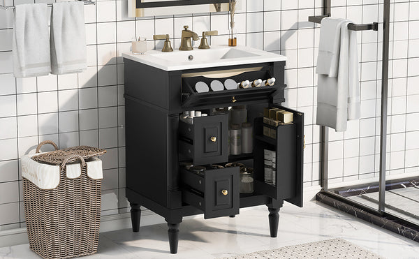 English Elm 24 Inch Freestanding Vanity with Ceramic Sink Rubberwood Frame Matte Finish Storage Black N725P356058B