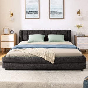 English Elm Queen Chenille Upholstered Storage Bed Wingback Headboard Platform Frame Bedroom Dark Gray W487S00418