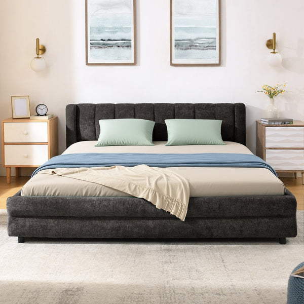 English Elm Queen Chenille Upholstered Storage Bed Wingback Headboard Platform Frame Bedroom Dark Gray W487S00418