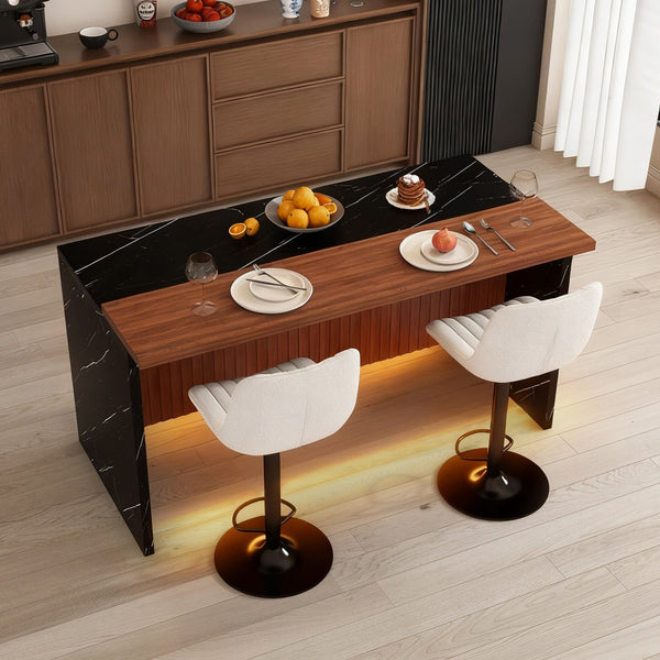 English Elm 63" Contemporary Kitchen Island Set With Beige Bar Stools, Led Lighting & Stylish Black Marble Top W2699S00073