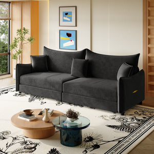 English Elm 81.9" 3-in-1 Convertible Sleeper Sofa Bed with Velvet Upholstery, 3 Pillows & Golden Trim Accent Black W1885S00254