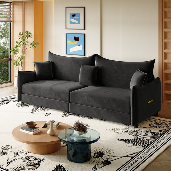 English Elm 81.9" 3-in-1 Convertible Sleeper Sofa Bed with Velvet Upholstery, 3 Pillows & Golden Trim Accent Black W1885S00254