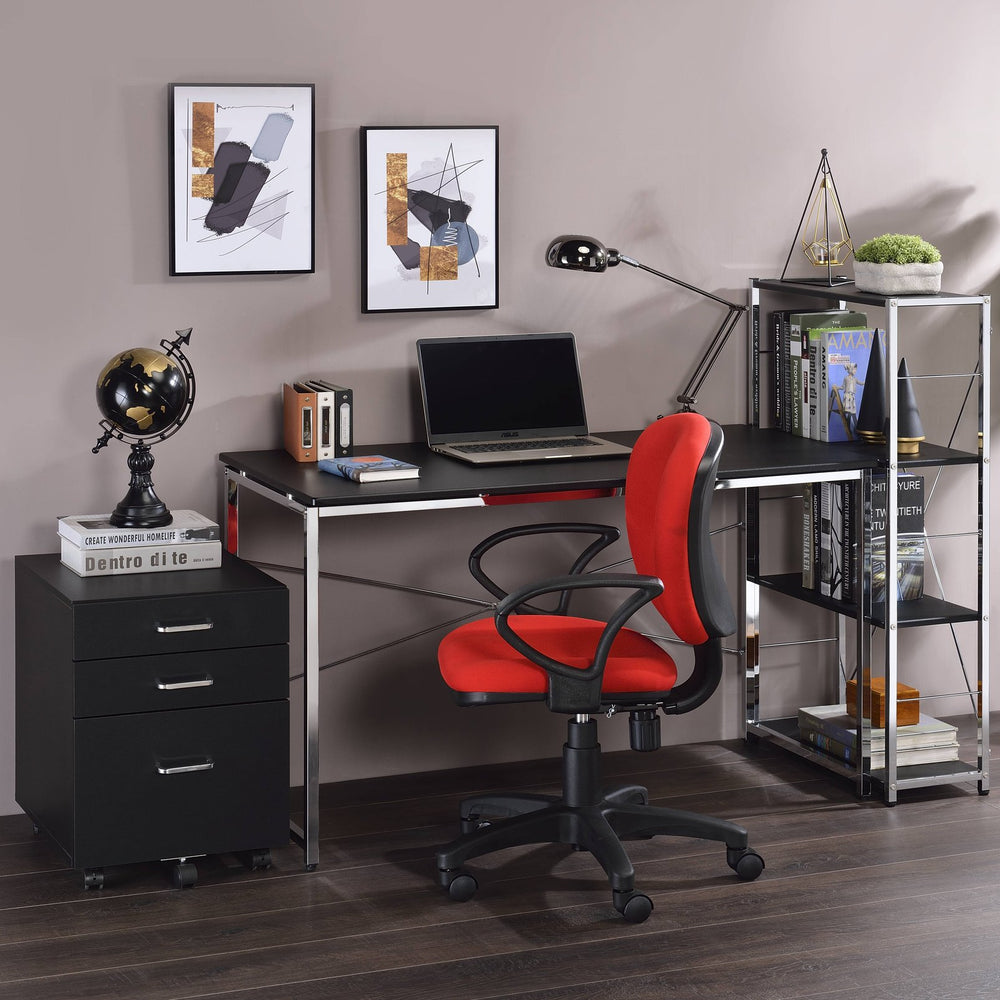 English Elm Black Black and Chrome Writing Desk with Sled Base, X‑Frame Support & Four-Tier Bookcase Storage, Contemporary Office Accent (47.5" W) B062P184567