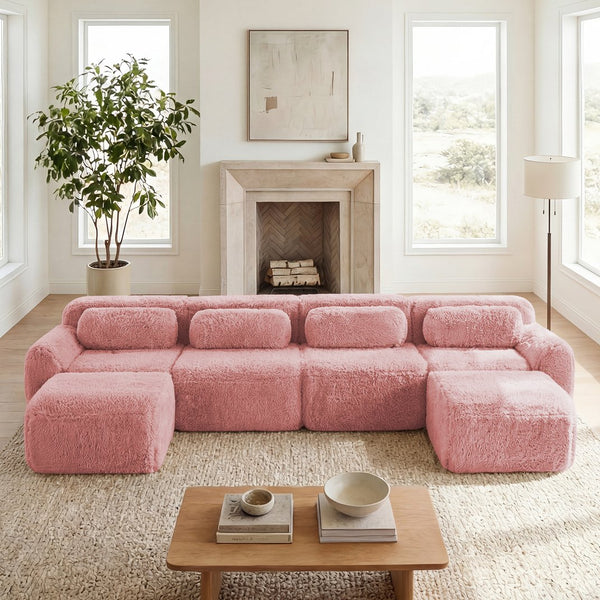 English Elm U-shaped Modular Sectional Sofa with Plush Fabric and High Resilience Foam for Living Rooms Pink W714S01564