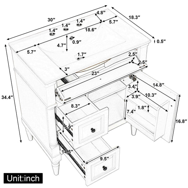 English Elm 30" Freestanding Bathroom Vanity Rubberwood Frame Ceramic Sink Flip Drawer Storage White N725P356062K