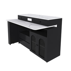 English Elm Kitchen Island Marble Veneer Retro Style Rotating Expandable Top Built-in Outlets Mdf Black W2700S00119