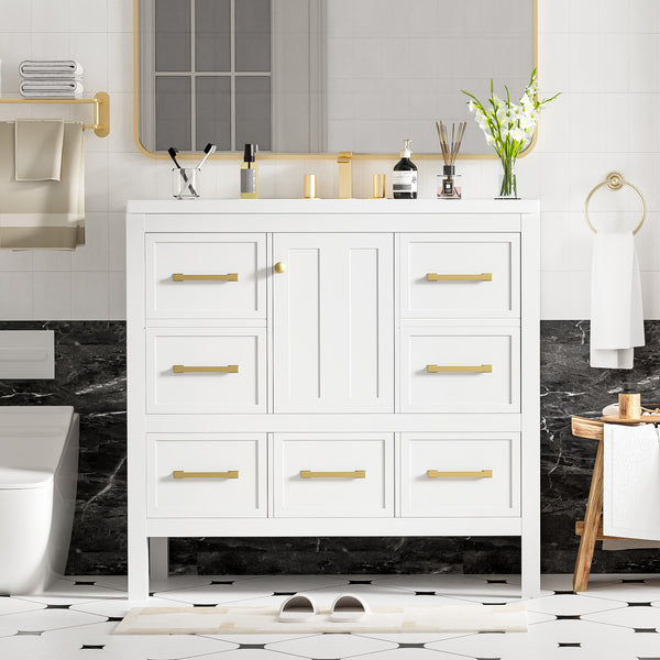 English Elm 36'' Bathroom Vanity with Resin Sink, Solid Wood Frame, 5 Drawers, Soft-Close Doors, Gold Knobs, Spacious Storage White SW000142AAK-1
