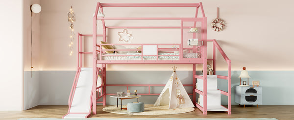 English Elm Full Full House Loft bed with Slide and Stairs, Metal House Play Loft with Storage Shelves and Quiet Design Pink W1580S00351