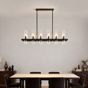 English Elm Black Linear Chandelier 12 Light Seeded Glass Farmhouse Fixture for Dining Rooms W5008P392744