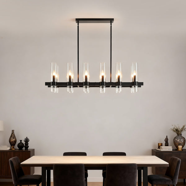 English Elm Black Linear Chandelier 12 Light Seeded Glass Farmhouse Fixture for Dining Rooms W5008P392744