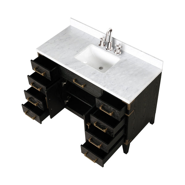 English Elm Black Oak Single Bath Vanity With Carrara Marble Top & Chrome Faucet - Elegant Storage Solution! B2731P260926