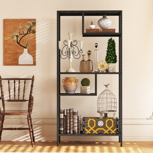 English Elm Modern Cube Storage Shelf with 4 Compartments, Metal Legs Freestanding Organizer for Living Room Home Office Decor and Display — 33W x 13D x 70H T2398P286673