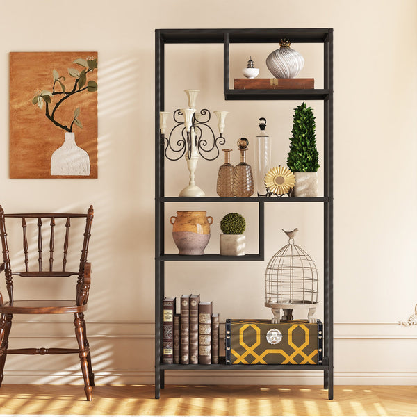 English Elm Modern Cube Storage Shelf with 4 Compartments, Metal Legs Freestanding Organizer for Living Room Home Office Decor and Display — 33W x 13D x 70H T2398P286673