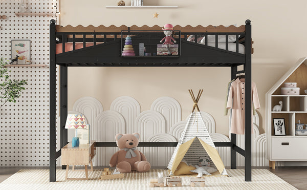 English Elm Twin Kids Platform Bed with Trundle Staircase Bookshelf and Rounded Safety Rails W1580S00380