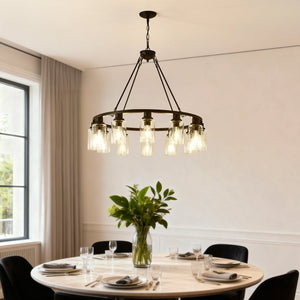 English Elm 34.25'' Farmhouse Wagon Wheel Chandelier 9 Light Seeded Glass Dining Room Fixture W5008P468521