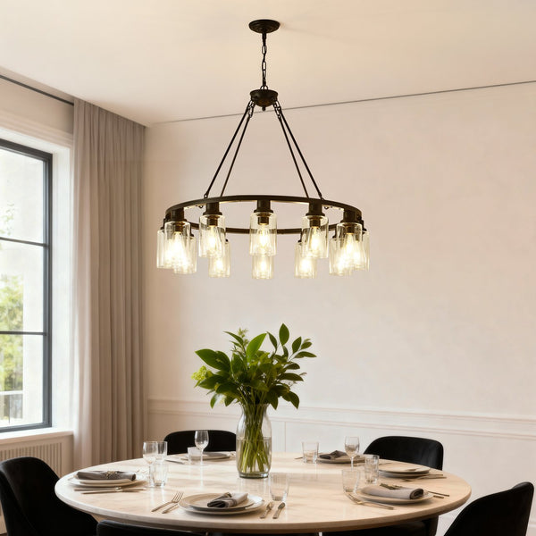 English Elm 34.25'' Farmhouse Wagon Wheel Chandelier 9 Light Seeded Glass Dining Room Fixture W5008P468521