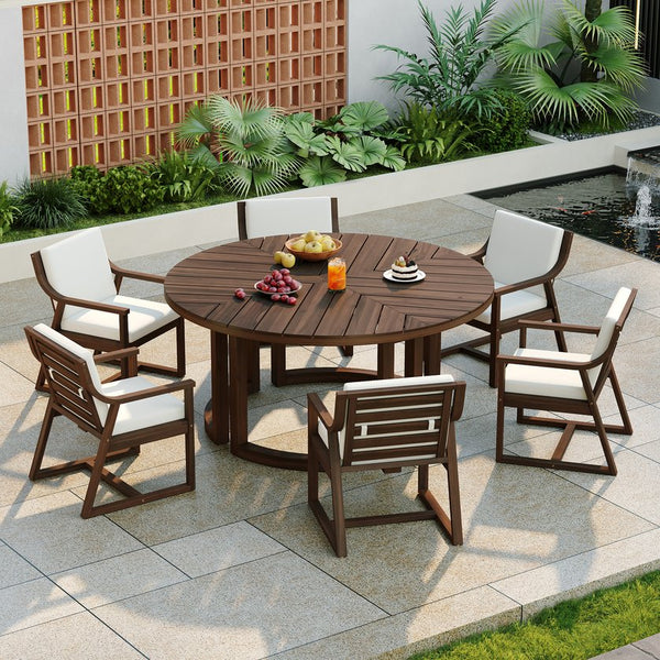 English Elm Trexm Outdoor Acacia Wood Round Dining Set Seats Six with Cushioned Chairs and Umbrella Hole Mocha TM000027AAP