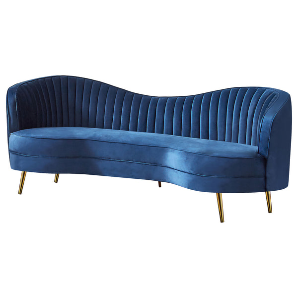 English Elm Marsden Sophia Blue Velvet Recessed Arm Sofa with Inverted Camel Back, Vertical Channels, Gold Legs B062P357811