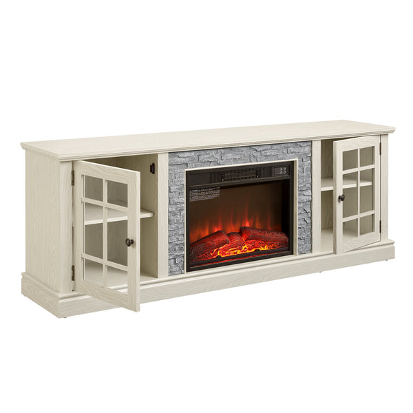 English Elm 70" Modern TV Stand with 23" Electric Fireplace, Faux Stone Mantel, Ample Storage & Cable Management White W2275S00022