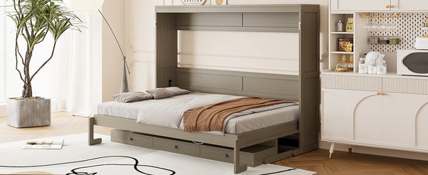 English Elm Queen Murphy Bed Cabinet with Vanity Desk Hydraulic Lift Mirror Distressed Finish Gray LP000766AAE-1